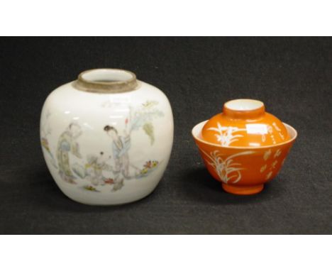 Two various Chinese ceramic tableware piece including: a painted lidded rice bowl, (height 9cm approx); and a painted ginger 