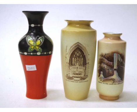 Three vintage Shelley ceramic vases including: butterfly decorated, marked to base and Reg No 680712, (height 17cm approx); '