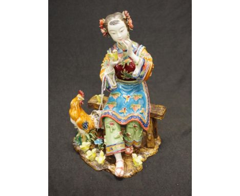 Chinese seated woman &amp; chickens ceramic figure seated woman, in traditional clothing, with hen and chickens, character ma