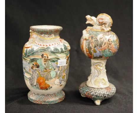 Two early Japanese painted ceramic vases each with hand painted traditional decoration, including: painted vase, with applied