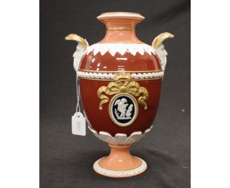 Victorian Wedgwood decorated ceramic urn dual handled vase, with applied decoration, and classical figure in cartouche, marke