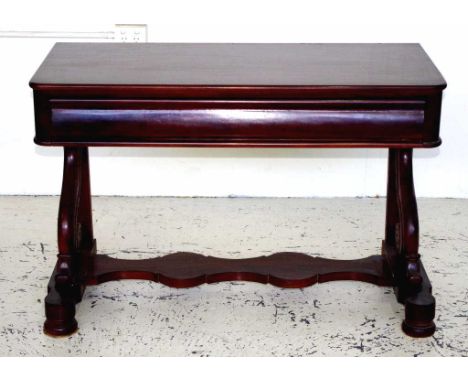 Mahogany console hall table with drawer and scroll carved supports, 113cm wide, 51cm deep, 75.5cm high approx