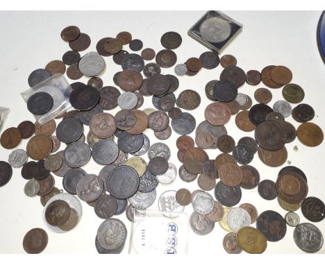 A tub of vintage coins and tokens. These include Iron bridge at Coalbrook Dale 1792; Liverpool Halfpenny 1793; May the Trade 