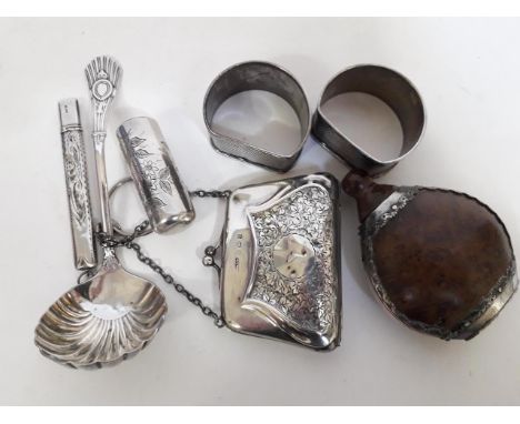 A box of assorted hallmarked silver, together with a silver plated ladle and an eastern white metal snuff box.  