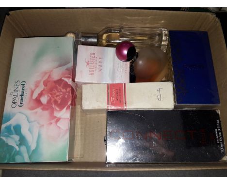A box containing 6 vintage perfumes, some boxed and a Cacharel miniature perfumes gift set.  