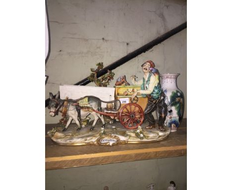 A large signed Cantastorie Capodimonte 'Organ Grinder' figurine with donkey, monkey and a parrot.  