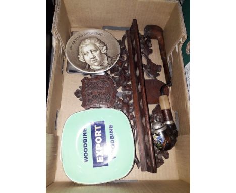 Vintage Black Forest carved wood pipe rack, pipes, ash trays and a cigarette case.  