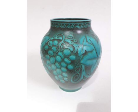 A Pilkington Royal Lancastrian blue green vase by W.S. Mycock, decorated with grapes and vine leaves, height 21cm.Condition:-