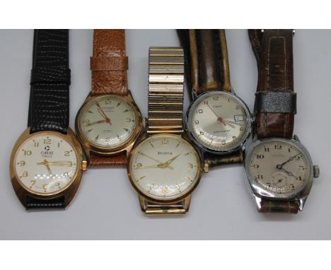 Five assorted wristwatches comprising Oris, Docker, two Helvetia and one Timex. The Helvetia watch on the far right winds up 