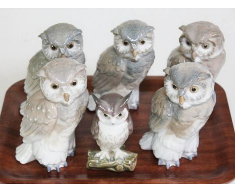 A group of five Nao and one Lladro porcelain owl models.  