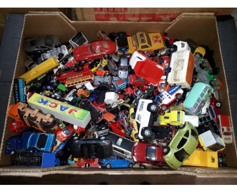 Box containing a collection of die-cast vehicles including Corgi, Matchbox, Corgi Junior etc.  