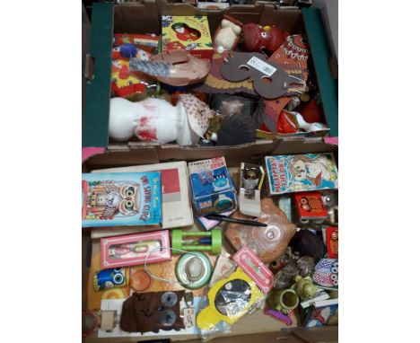 Two boxes of assorted vintage owl items &amp; toys.  
