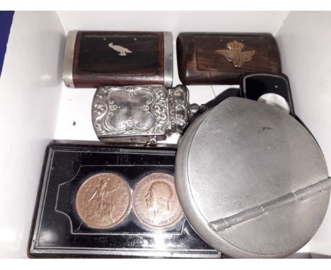 A box containing antique and vintage snuff boxes and an Edward VII coronation vesta case.  