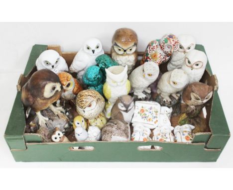 Assorted owl ornaments including Aynsley, Belleek, Royal Copenhagen, Linley Adams, Donegal, Babbacombe, Melba etc.  