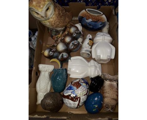 A box of assorted owl ornaments to include Beswick, Poole, Belleek and Goebel etc.  