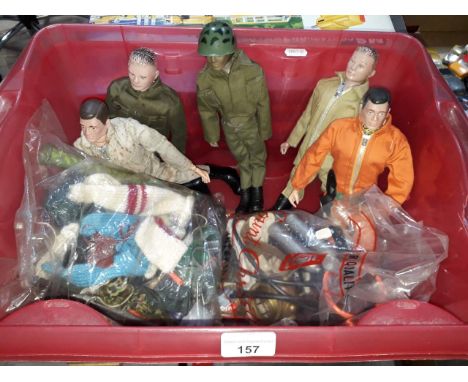 Box containing 5 action man figures, clothes and accessories.  