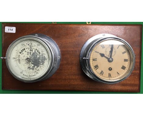 CHROME SHIP'S CLOCK AND MATCHING BAROMETER, MOUNTED ON A MAHOGANY PANEL 