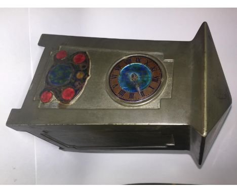 A PEWTER AND ENAMEL CLOCK CIRCA 1900 WITH LENZKIRCH SINGLE TRAIN MOVEMENT,  THE CASE STAMPED 0629 - ATTRIBUTED TO ARCHIBALD K
