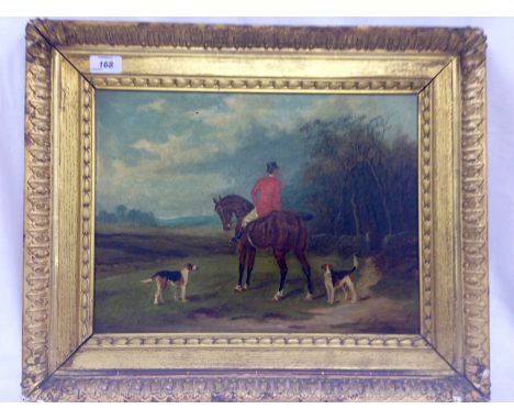 PAIR OF OILS ON BOARD, HUNTING SCENES , HUNTSMAN ON HORSE BACK WITH DOGS, BEARING SIGNATURE E.S. ENGLAND, 30 X 40 CM 