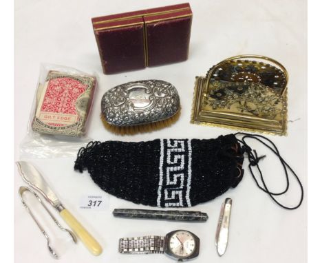 MISCELLANEOUS ITEMS TO INCLUDE SILVER ENAMEL SUGAR TONG 1919, SILVER MOTHER OF PEARL FRUIT KNIFE 1876, SILVER BRUSH, OLD BLAC