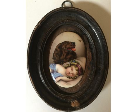 A C19TH. CONTINENTAL ENAMEL PLAQUE IN HARDWOOD FRAME, DEPICTING A SLEEPING GIRL, A WATCHFUL SPANIEL AND HOVERING BEE