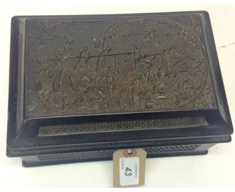 CHINESE CASKET STYLE TEA CADDY WITH LINER, THE LID CARVED WITH BIRDS AND FLOWERS 