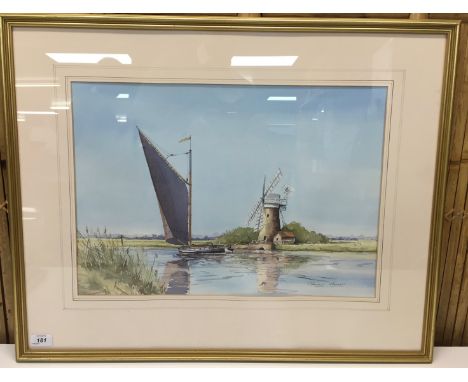 WATERCOLOUR ' SAILING WHERRY' BEARING SIGNATURE GRAHAM HOWLETT 37 X 52CM