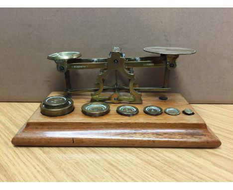 VICTORIAN SAMUEL MORDAN AND CO. LONDON LETTER SCALE COMPLETE WITH WEIGHTS,  MOUNTED ON A MAHOGANY PLINTH