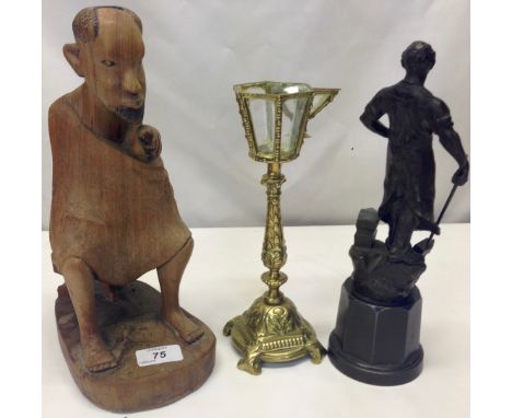 OLD BRASS MINIATURE STREET LAMP POSSIBLY A TAPER HOLDER, A BLACKSMITH STATUE AND AN ETHNIC CARVING OF A SITTING MAN 