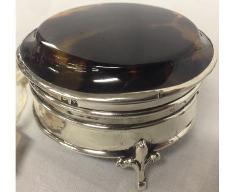 SILVER CIRCULAR TRINKET BOX WITH TORTOISE SHELL TYPE TOP BIRMINGHAM