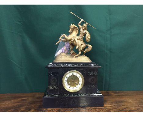 SLATE AND MARBLE MANTEL CLOCK WITH GREEK WARRIOR ON HORSEBACK DECORATION, 8 DAY PENDULUM MOVEMENT STRIKING ON A BELL, OFF WHI