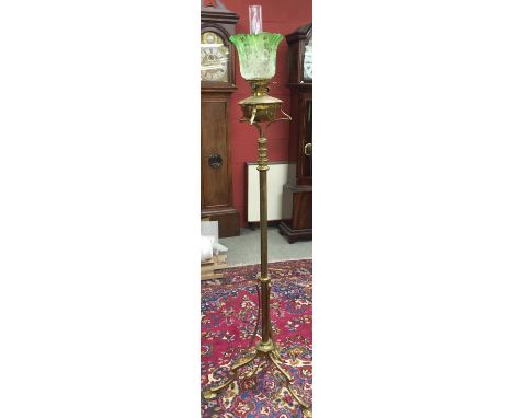 VICTORIAN BRASS OIL LAMP STANDARD WITH GREEN GLASS ETCHED SHADE 