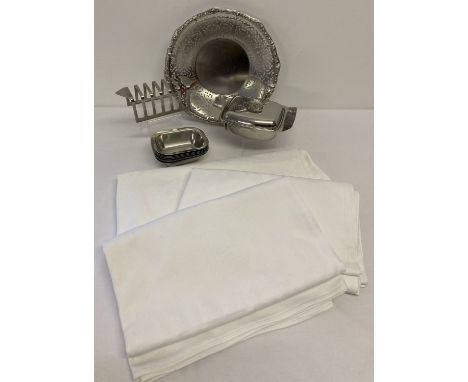 3 white cotton Damask table cloths together with a collection of vintage stainless steel kitchenalia  