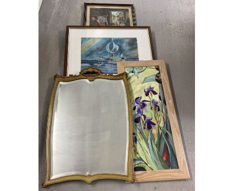 A vintage gilt framed mirror together with pictures.  2 pictures framed and glazed (glass to one a/f), and 1 with a light woo
