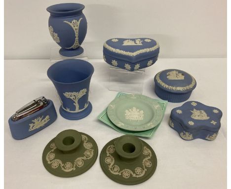 A collection of Wedgwood Jasper ware ceramic items to include lighter, trinket pots and vases.  Lot also includes Lloyds of L