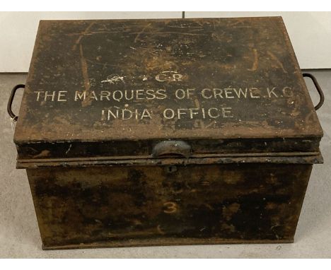 A vintage metal dispatch box with hand painted "The Marquis Of Crewe K.G India Office".  A single number 3 painted to 3 sides