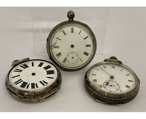 An antique Swiss silver pocket watch together with 2 antique silver pockets watches.  All with engine turned decoration and e