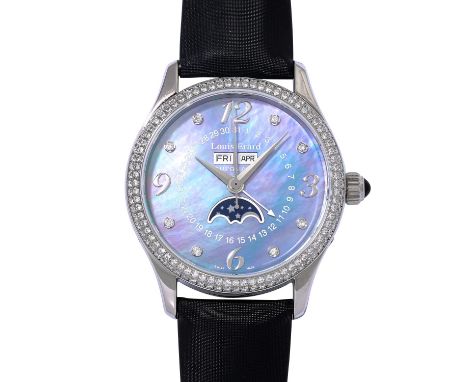 LOUIS ERARD Vollkalender mit Mondphasen, Ref. 93204. Armbanduhr. Edelstahl, Lünette mit Diamanten; Perlmutt-Zifferblatt mit 8