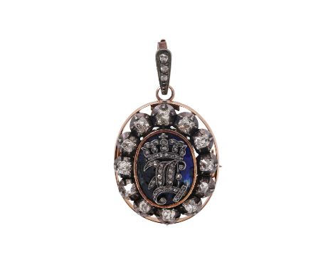Anhänger/Brosche mit 12 Altschliffdiamanten und kleinen Diamantrosen, alle zusammen ca. 1,4 ct, mittig bekröntes Monogramm au