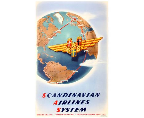 Travel original vintage poster - Scandinavian Airlines System showing the route map of the airline.  Scandinavian Airlines Sy