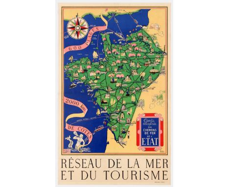 Original Vintage Travel Poster – French National Railways – Maritime and Tourisme Network Illustrated Map designed by Lucien 