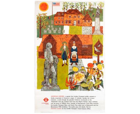 Original vintage travel advertising poster printed by the London Transport to celebrate the USA Bicentennial. Text reads: "Am