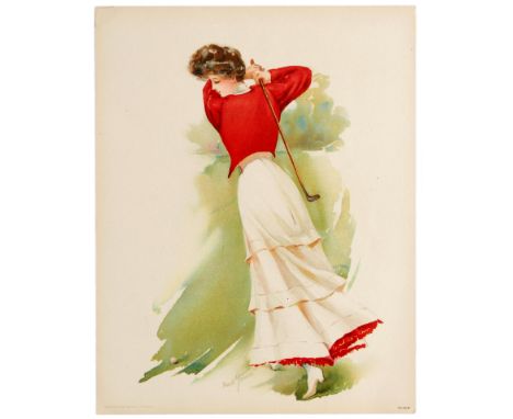 Original Lithograph poster by Maud Stamm, "Perfecting the Swing" copyright 1908 The Gray Lith Co NY. No 80 A depicts a young 