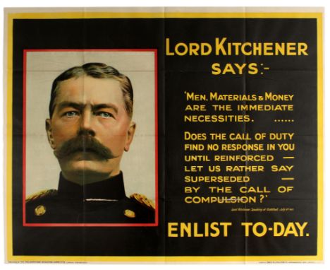 Original vintage WWI Propaganda Poster - Lord Kitchener says: Enlist to-day. British Army Recruitment Poster - Published by t