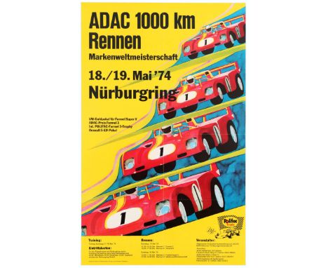 Group of three original vintage car carcing posters. 1. Sport Original Vintage Poster – ADAC 1000Km Rennen Nurburgring 1974 -