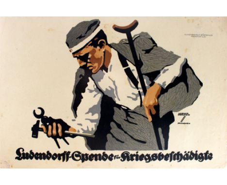 Original vintage World War One poster by the notable German poster artist Ludwig Hohlwein (1974-1949) featuring a wounded Ger