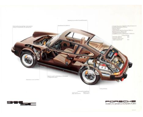 Original vintage dealer showroom advertising poster - Porsche 911 SC Cutaway.  In 1978, Porsche introduced the new version of