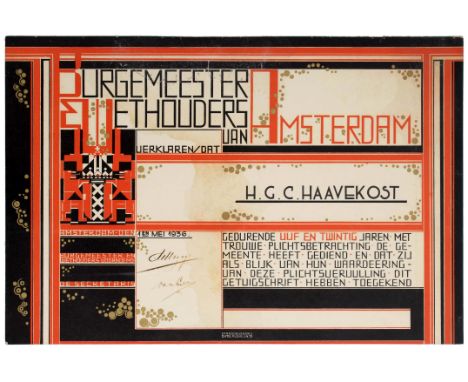 Dutch Amsterdam City Award poster style Certificate to H. G. C. Haavekost for faithful devotion and services.  Great design b