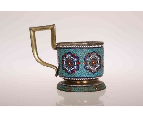 A RUSSIAN SILVER AND ENAMEL TEA GLASS HOLDER, Moscow 1896, assay master Lev Fridrikhovich Oleks, 84 standard, (a/f). 5.9oz, 1