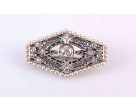 AN ENAMEL, DIAMOND AND PEARL BROOCH, CIRCA 1910, the symmetrical tapering navette shaped mount set to the centre with a brill